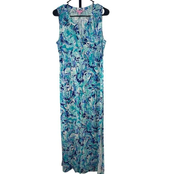 Lilly‎ Pulitzer Women’s M Essie Maxi Dress Elephant Appeal Tropical Turquoise - Picture 2 of 15